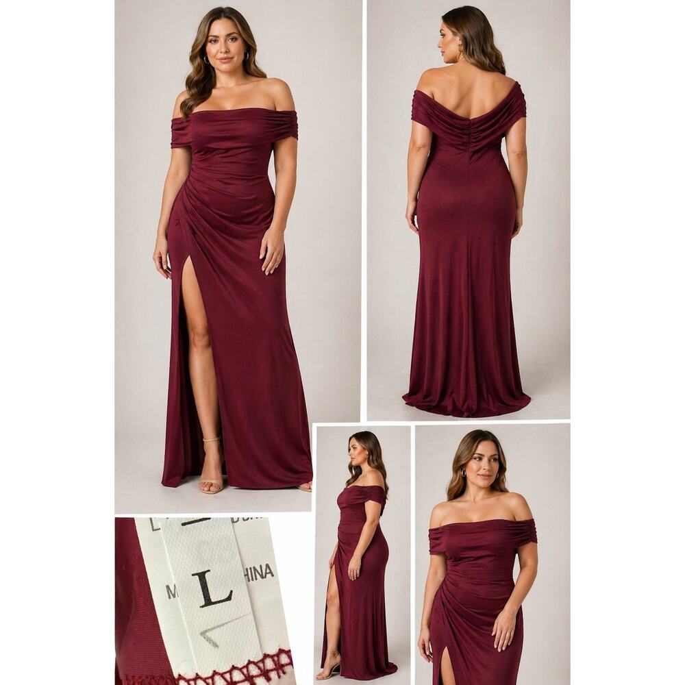 OYS off shoulder wine burgundy formal gown slit bodycon Maxi dress large NWT